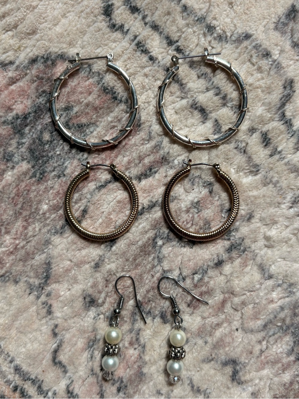 Mixed Metal Hoop and Pearl Drop Earring Set - Silver and Gold